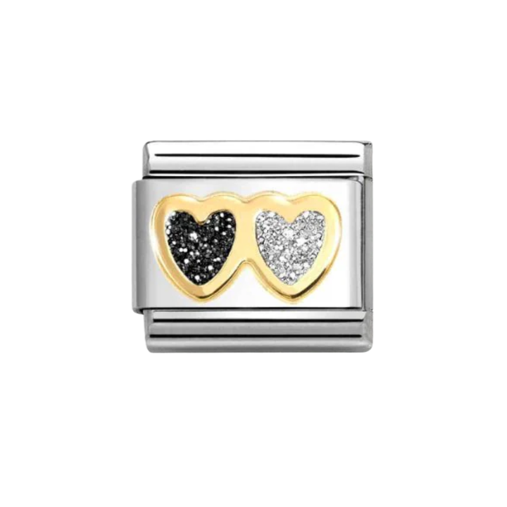 Nomination Gold With Black &amp; Silver Glitter Double Heart Charm