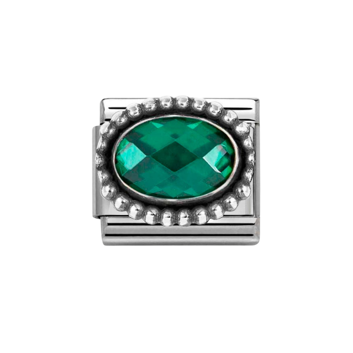 Nomination Silver and Emerald Green  Faceted CZ,  with Oxidized Oval Beaded Rich Setting Charm