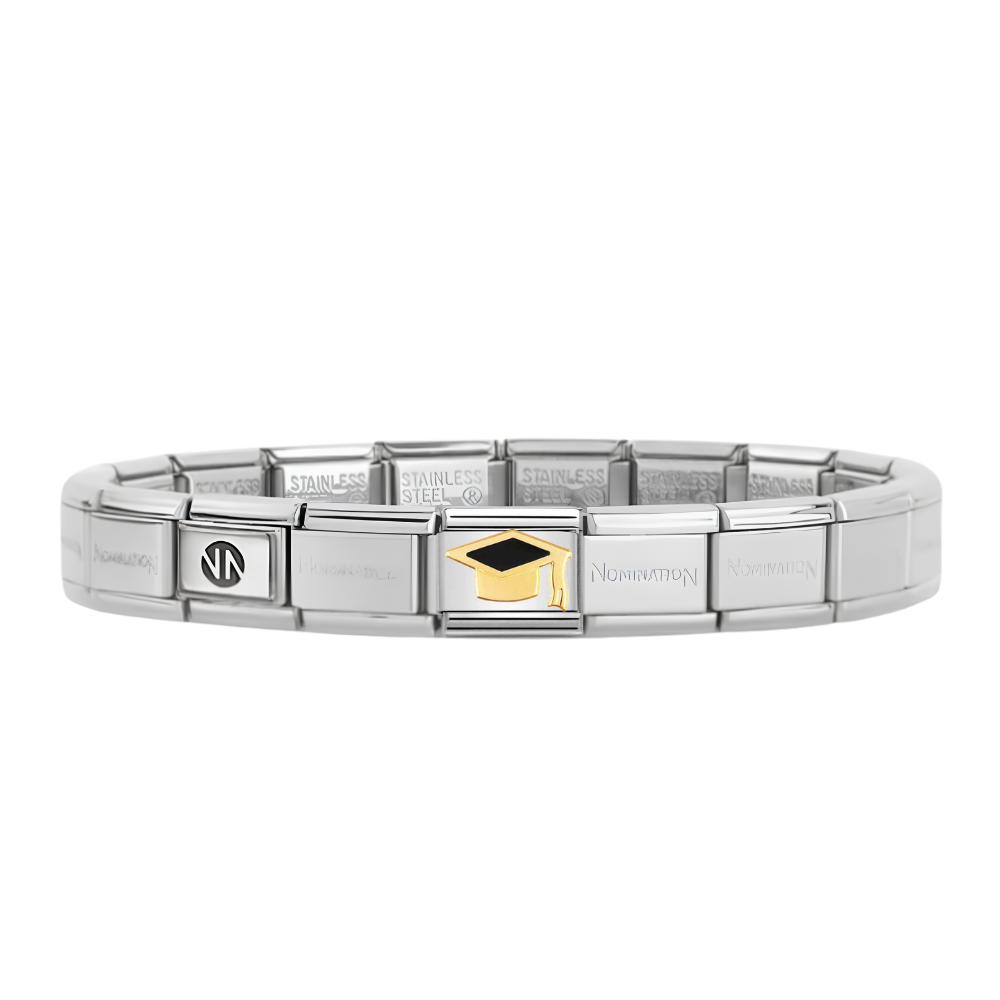 Nomination Silver Starter Bracelet With 18ct Gold and Black Graduation Hat Charm