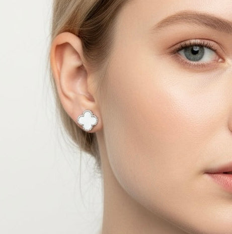 Ola Silver White Shimmer Clover Earrings