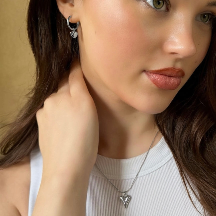 Mococo  Silver Heart Charm Hoop Earrings