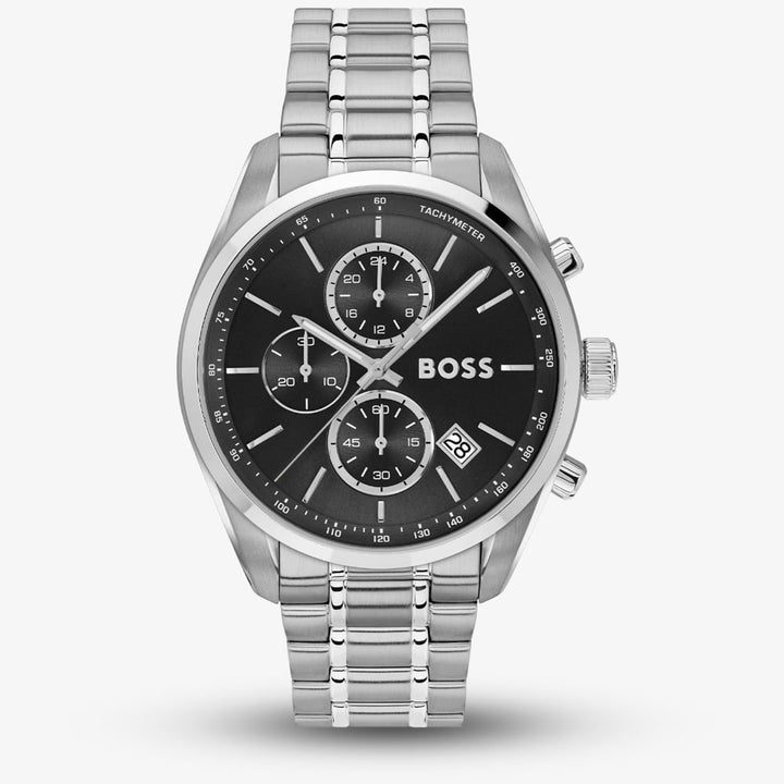 Boss Silver and Black Grand Prix 44 Round Mens Bracelet Watch