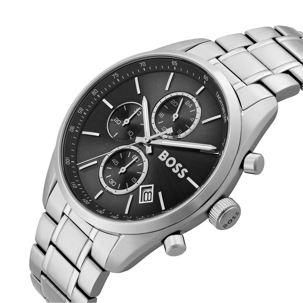 Boss Silver and Black Grand Prix 44 Round Mens Bracelet Watch