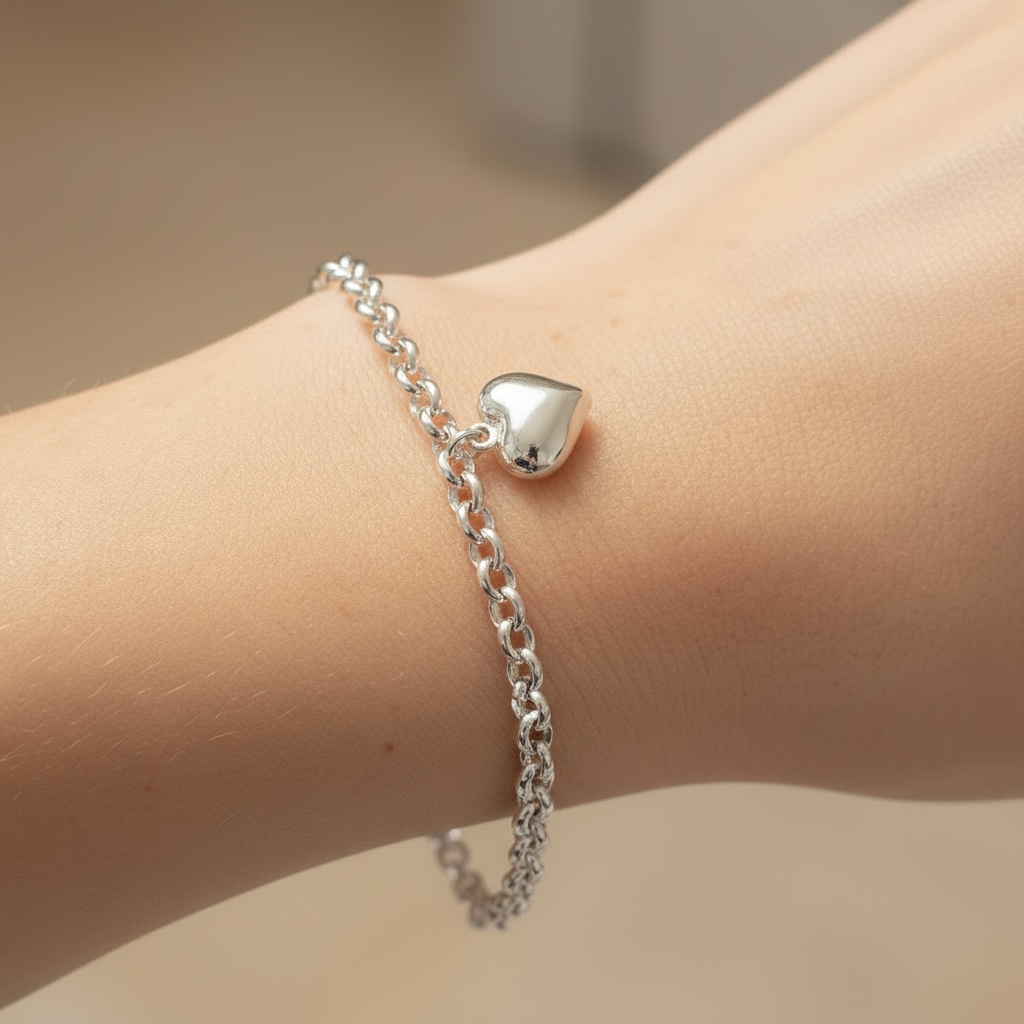 Ola Silver Puffed Heart Charm Belcher Chain Bracelet