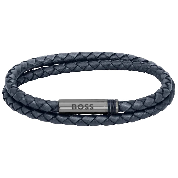 Boss Navy Blue Ares Mens Double Wrap Leather Bracelet