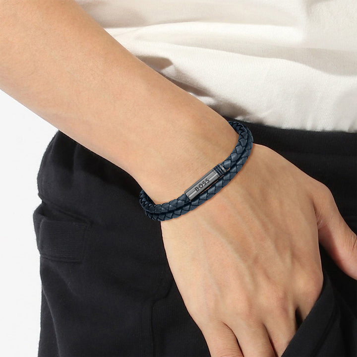 Boss Navy Blue Ares Mens Double Wrap Leather Bracelet