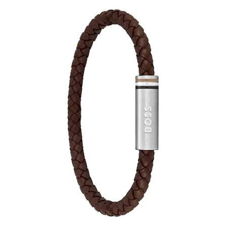 Boss Brown Braided Leather Magnetic Logo Closure Cuff