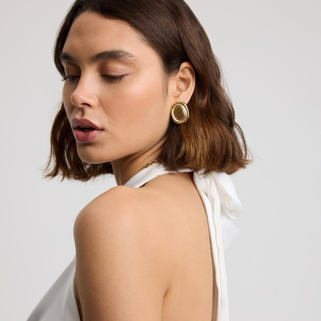 Naky Bold Oval Statement Earrings Brown Shield Shape