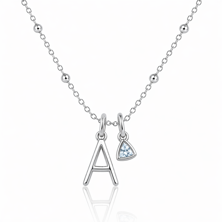 Mococo Silver Personalised Birthstone &amp; Initial Necklace