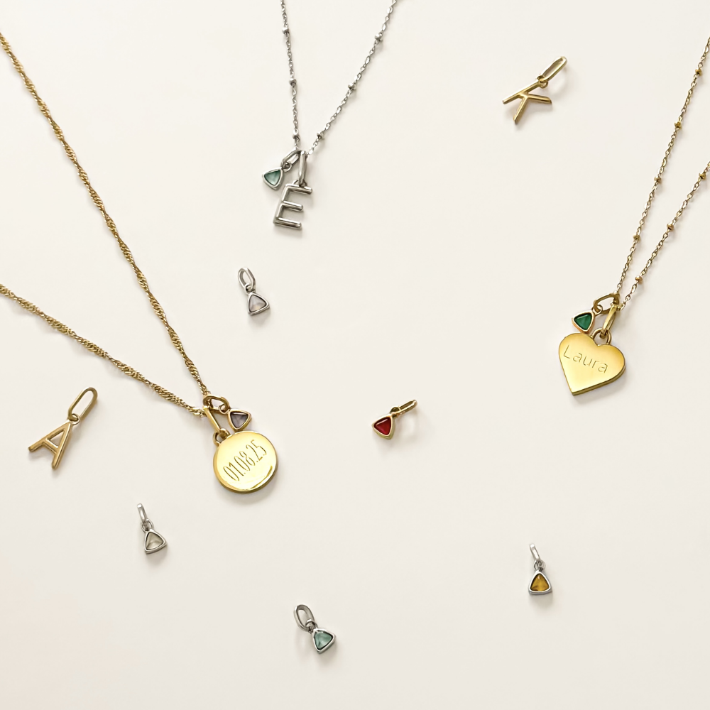 Mococo Silver Personalised Birthstone &amp; Heart Charm Necklace