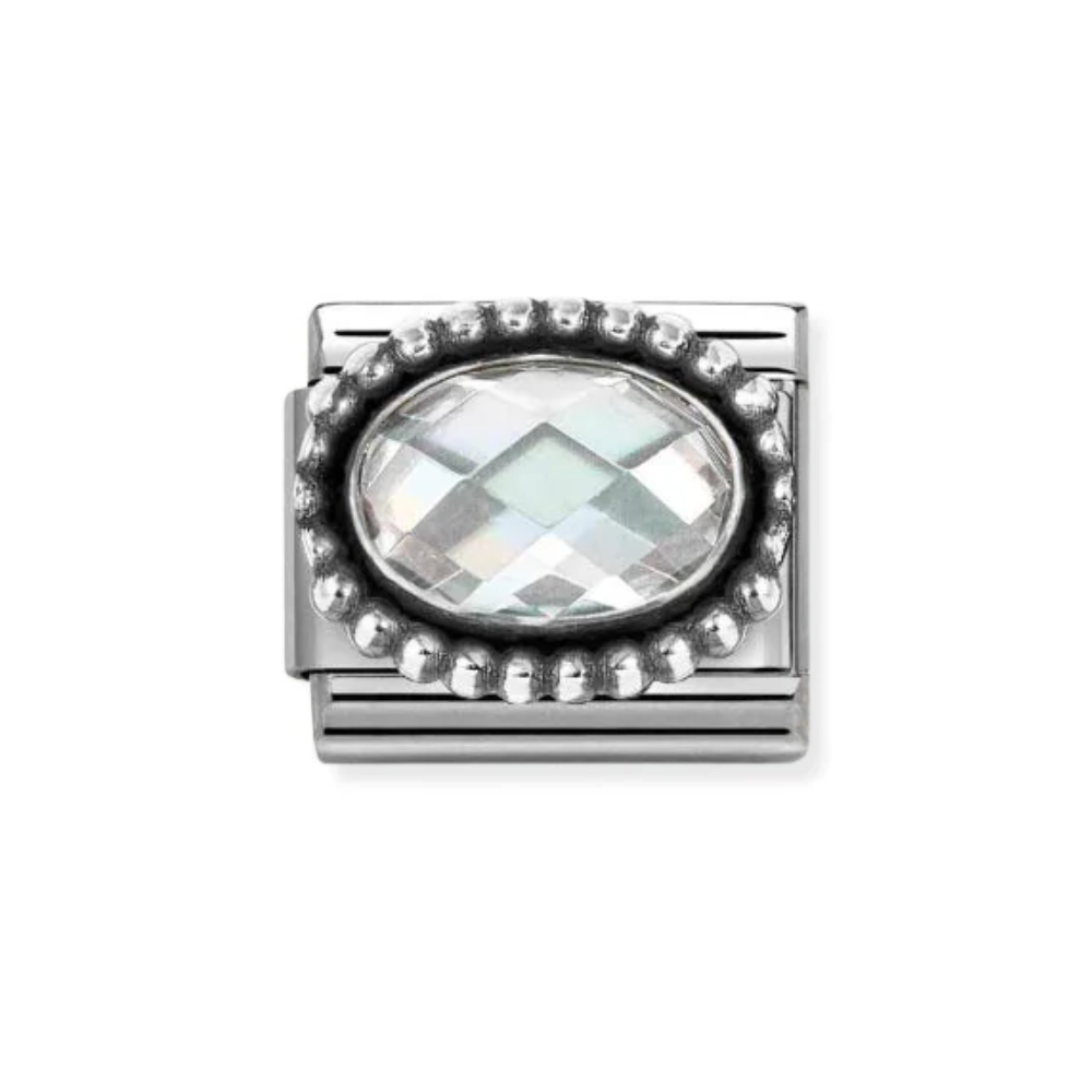 Nomination Silver and White  Faceted CZ,  with Oxidized Oval Beaded Rich Setting Charm