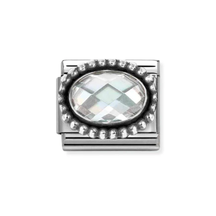 Nomination Silver and White  Faceted CZ,  with Oxidized Oval Beaded Rich Setting Charm