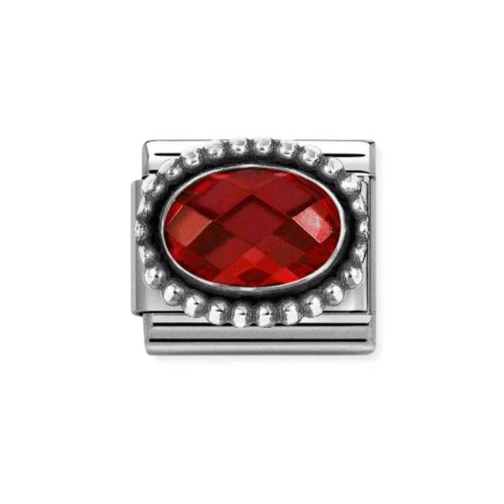 Nomination Silver and Red  Faceted CZ,  with Oxidized Oval Beaded Rich Setting Charm