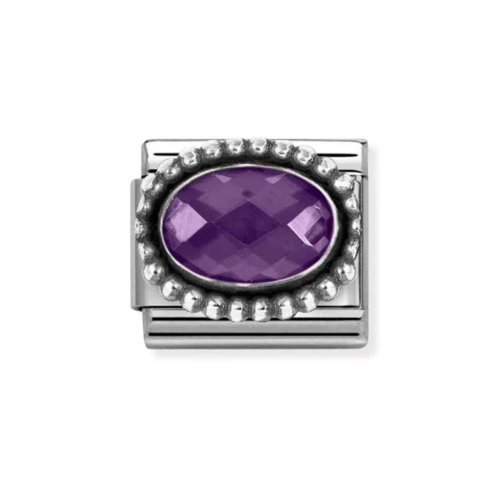 Nomination Silver and Purple  Faceted CZ,  with Oxidized Oval Beaded Rich Setting Charm