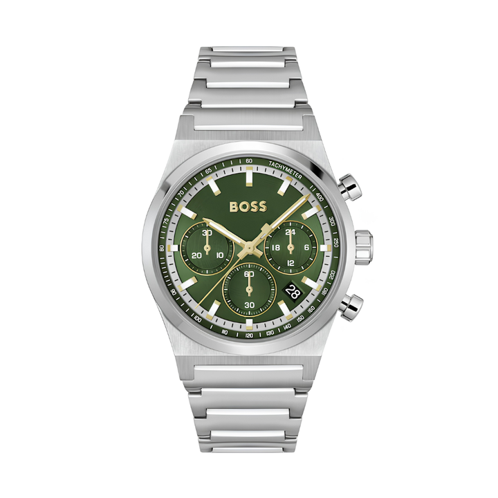 Boss Silver and Dark Green Candor Chrono Round Mens Bracelet Watch