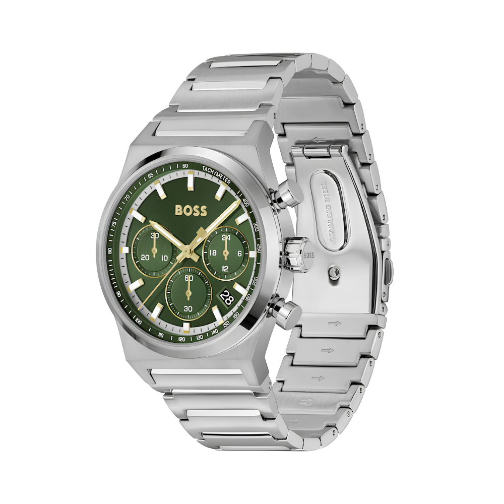 Boss Silver and Dark Green Candor Chrono Round Mens Bracelet Watch