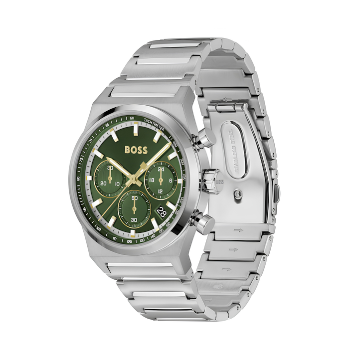 Boss Silver and Dark Green Candor Chrono Round Mens Bracelet Watch