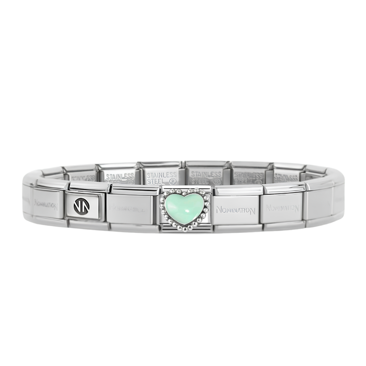 Nomination Silver Starter Bracelet With Pastel Green Raised Heart Charm