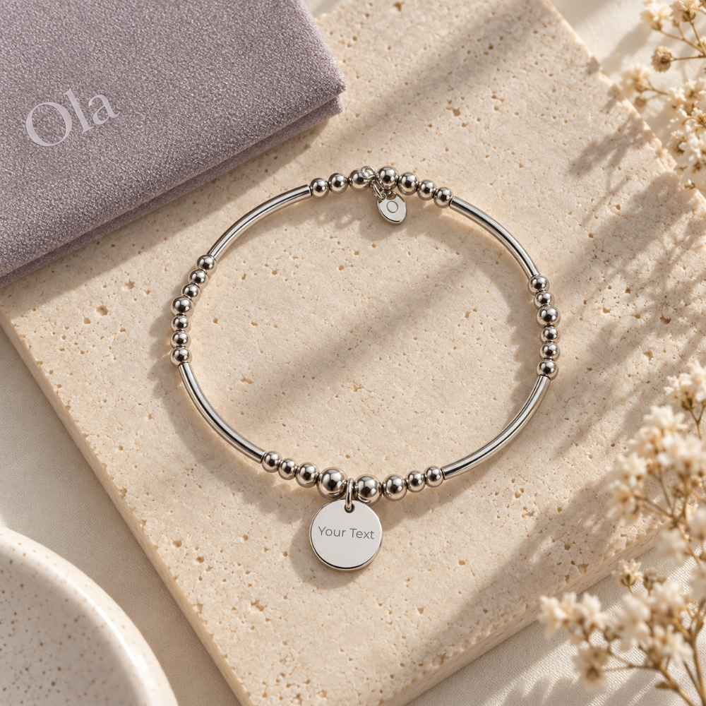 Ola Silver Disc Engravable Beaded Bracelet