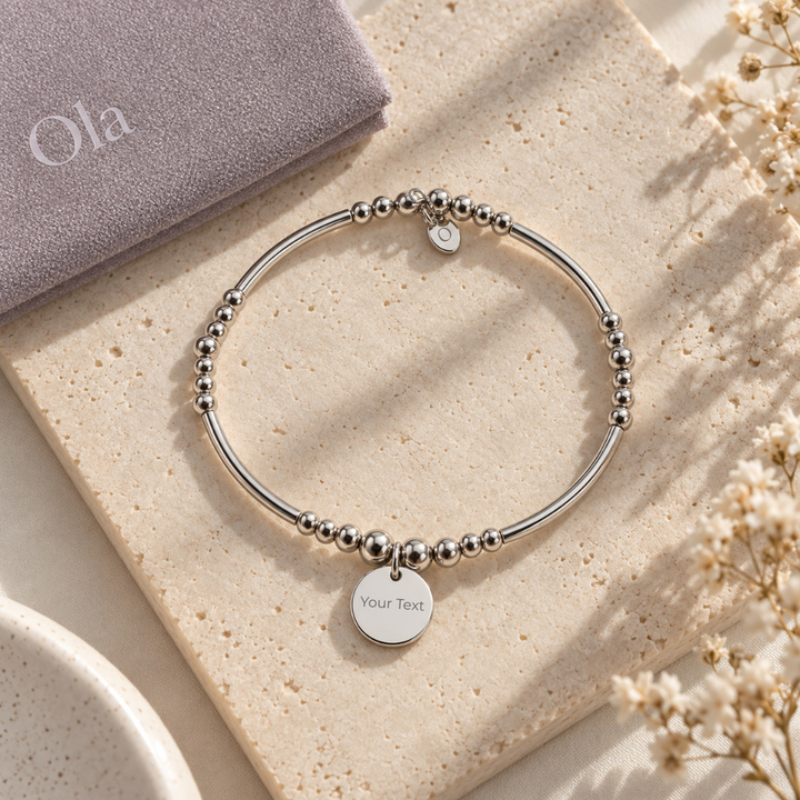 Ola Silver Disc Engravable Beaded Bracelet