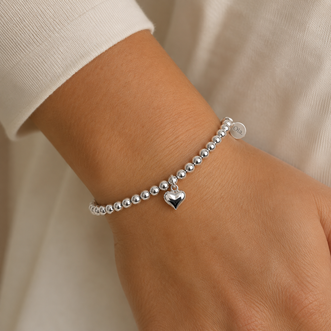Ola Silver Puffed Heart Beaded Bracelet