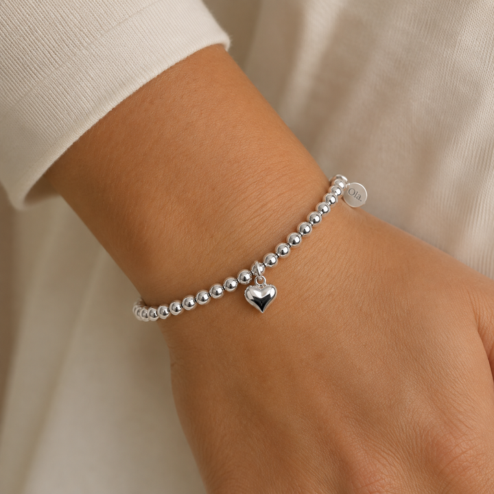 Ola Silver Puffed Heart Beaded Bracelet