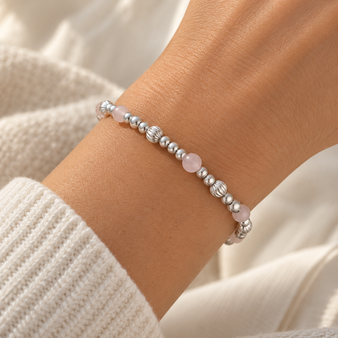 Ola Silver Rose Quartz Beaded Bracelet