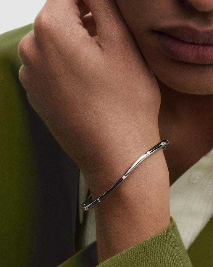 Elegant Sterling Silver Air Bangle with Zirconia Stones - Minimalist Design