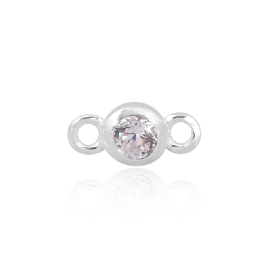 Elegant 4mm Round CZ Connector, April White, 925 Sterling Silver, Rhodium Plated