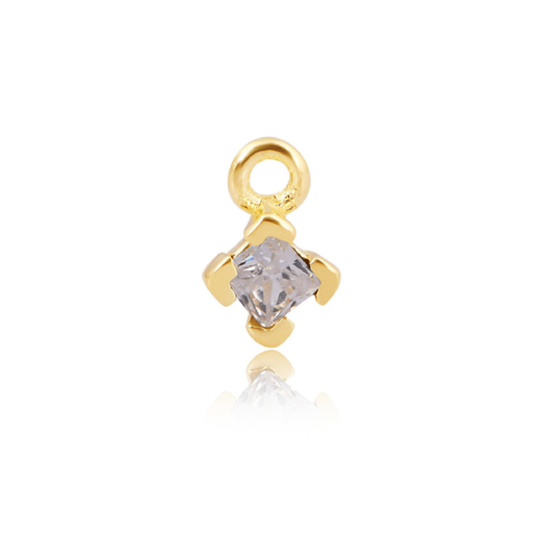 Elegant 3mm Square CZ Charm, April White 14ct Gold Vermeil Silver