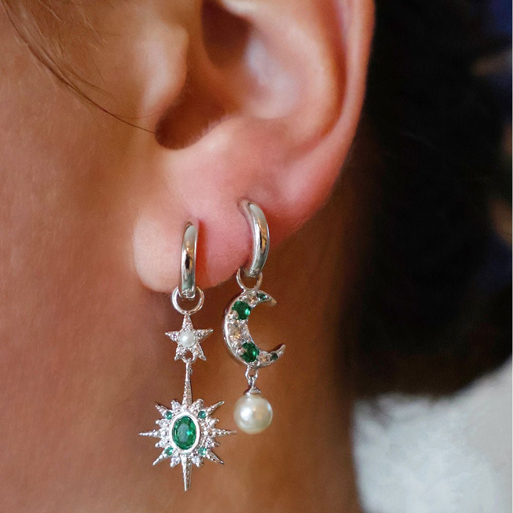 Amelia Scott Silver Luna Moon & Star Emerald Green Huggie Hoop Earrings - MococoAmelia ScottAS22SGE14/WEBEarrings