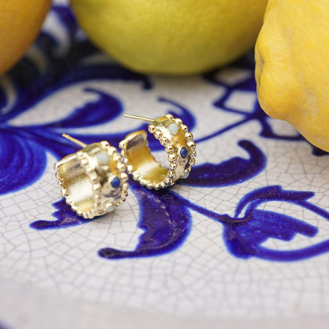 Dazzling Amulet Stone Hoop Earrings: 18ct Gold Plate with Lapis & Amazonite