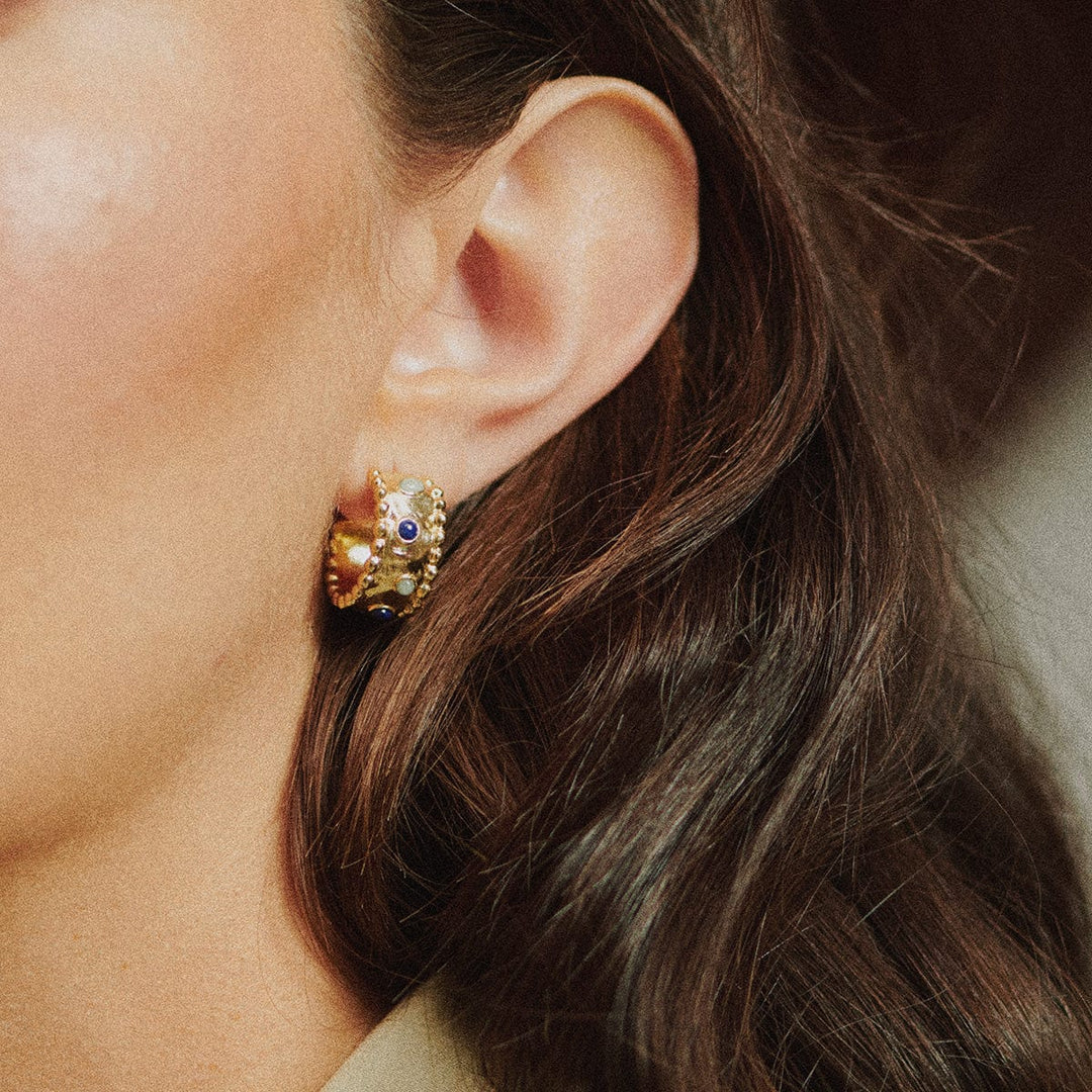 Dazzling Amulet Stone Hoop Earrings: 18ct Gold Plate with Lapis & Amazonite