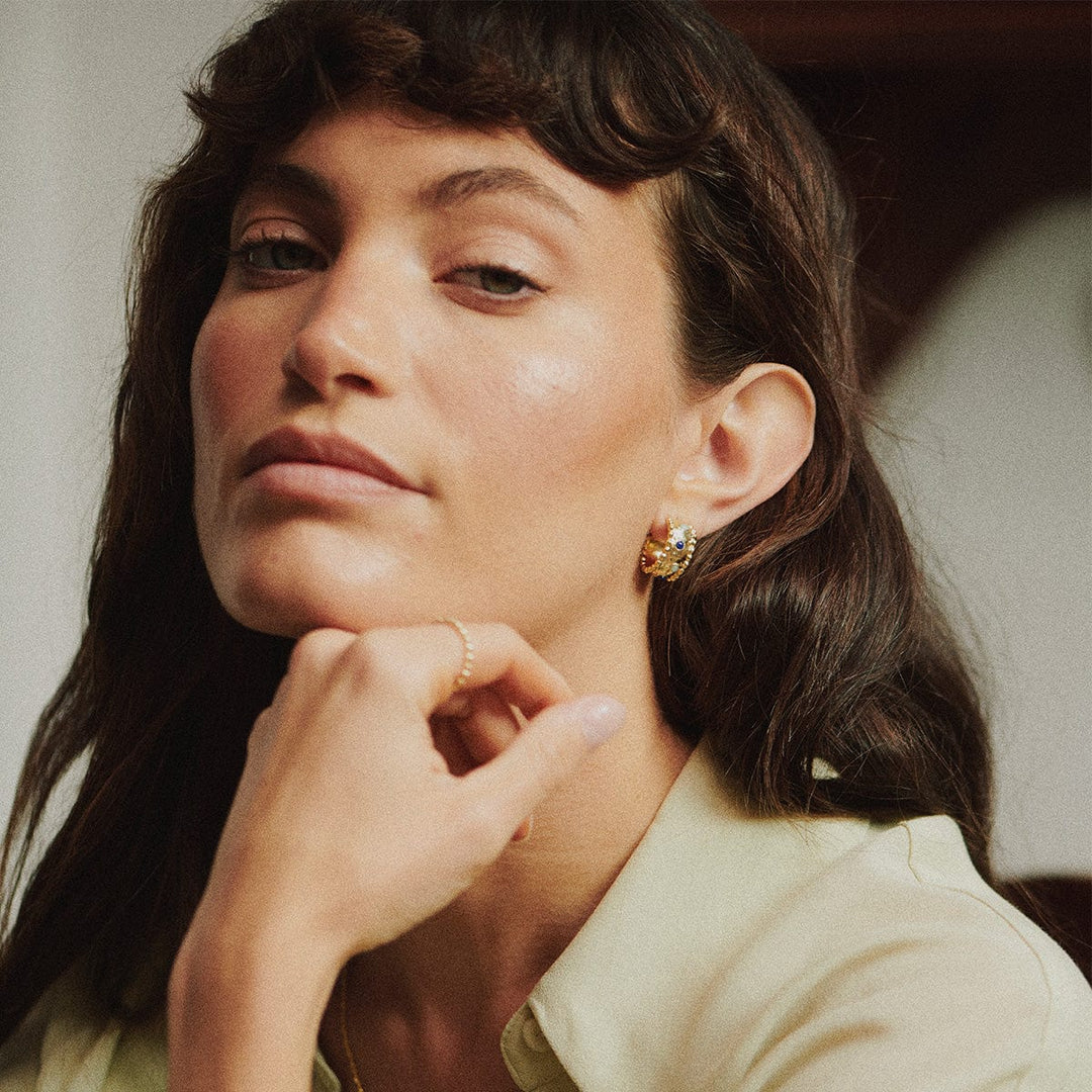 Dazzling Amulet Stone Hoop Earrings: 18ct Gold Plate with Lapis & Amazonite