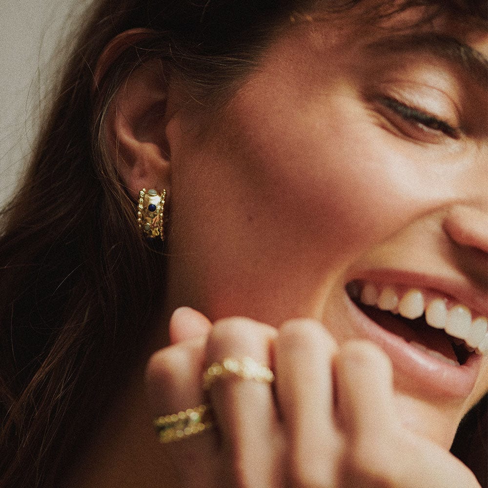 Dazzling Amulet Stone Hoop Earrings: 18ct Gold Plate with Lapis & Amazonite