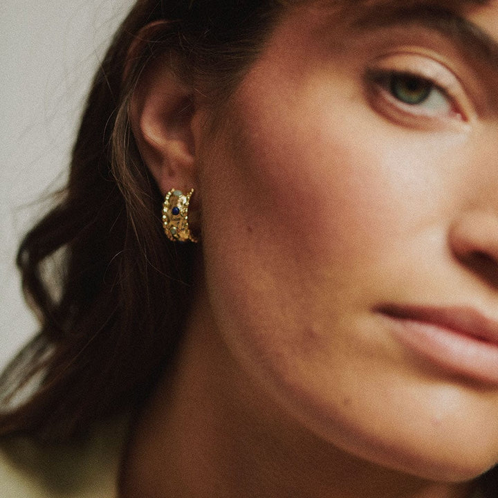 Dazzling Amulet Stone Hoop Earrings: 18ct Gold Plate with Lapis & Amazonite