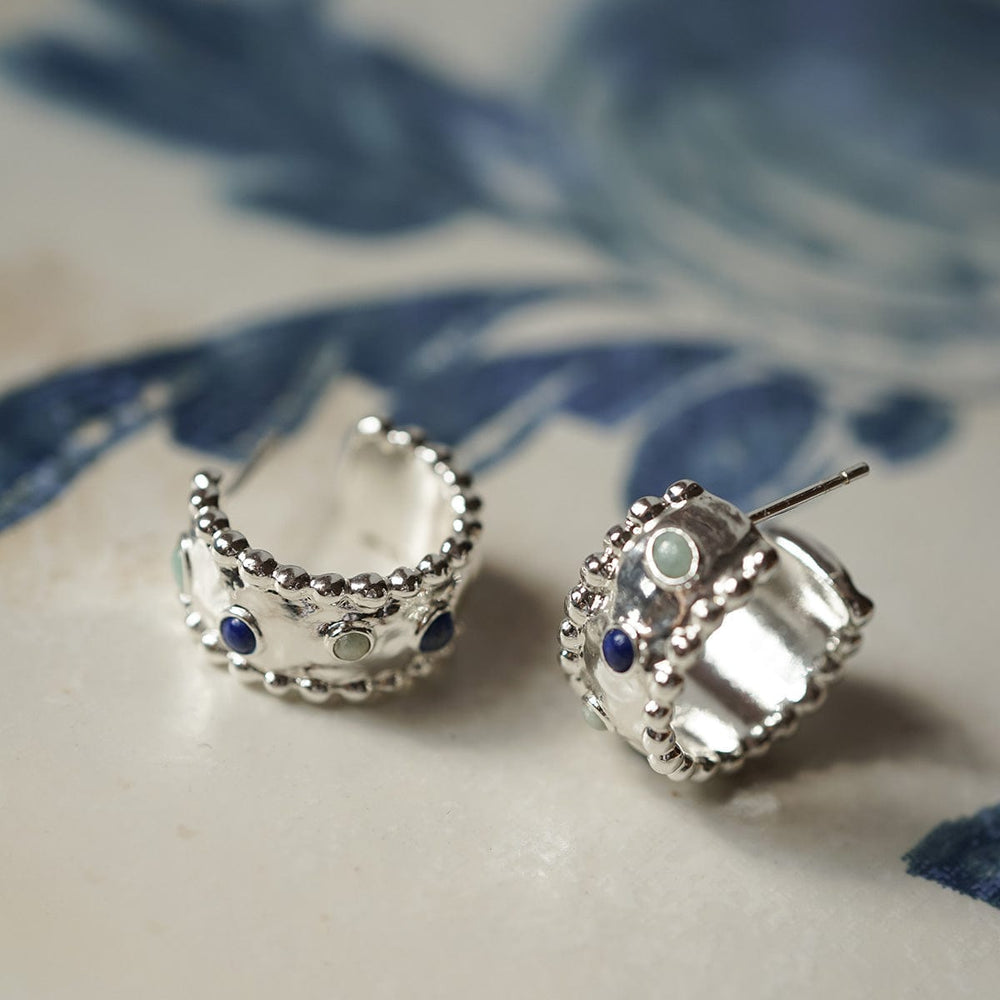 Ethical Silver-Plated Amulet Hoop Earrings with Lapis Lazuli and Amazonite Stones