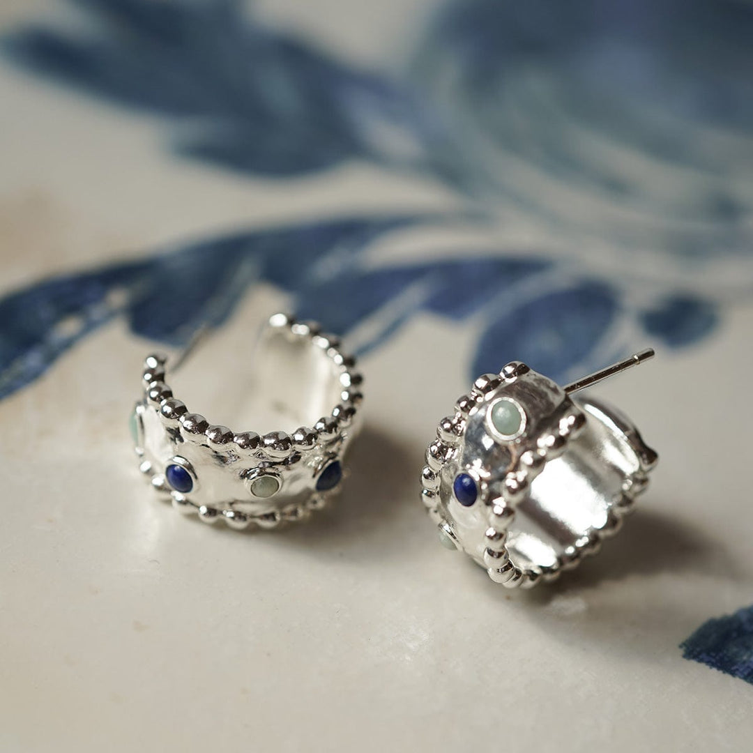 Ethical Silver-Plated Amulet Hoop Earrings with Lapis Lazuli and Amazonite Stones