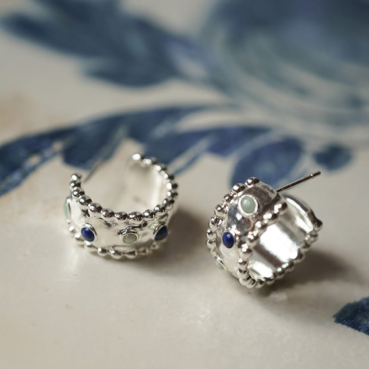 Ethical Silver-Plated Amulet Hoop Earrings with Lapis Lazuli and Amazonite Stones