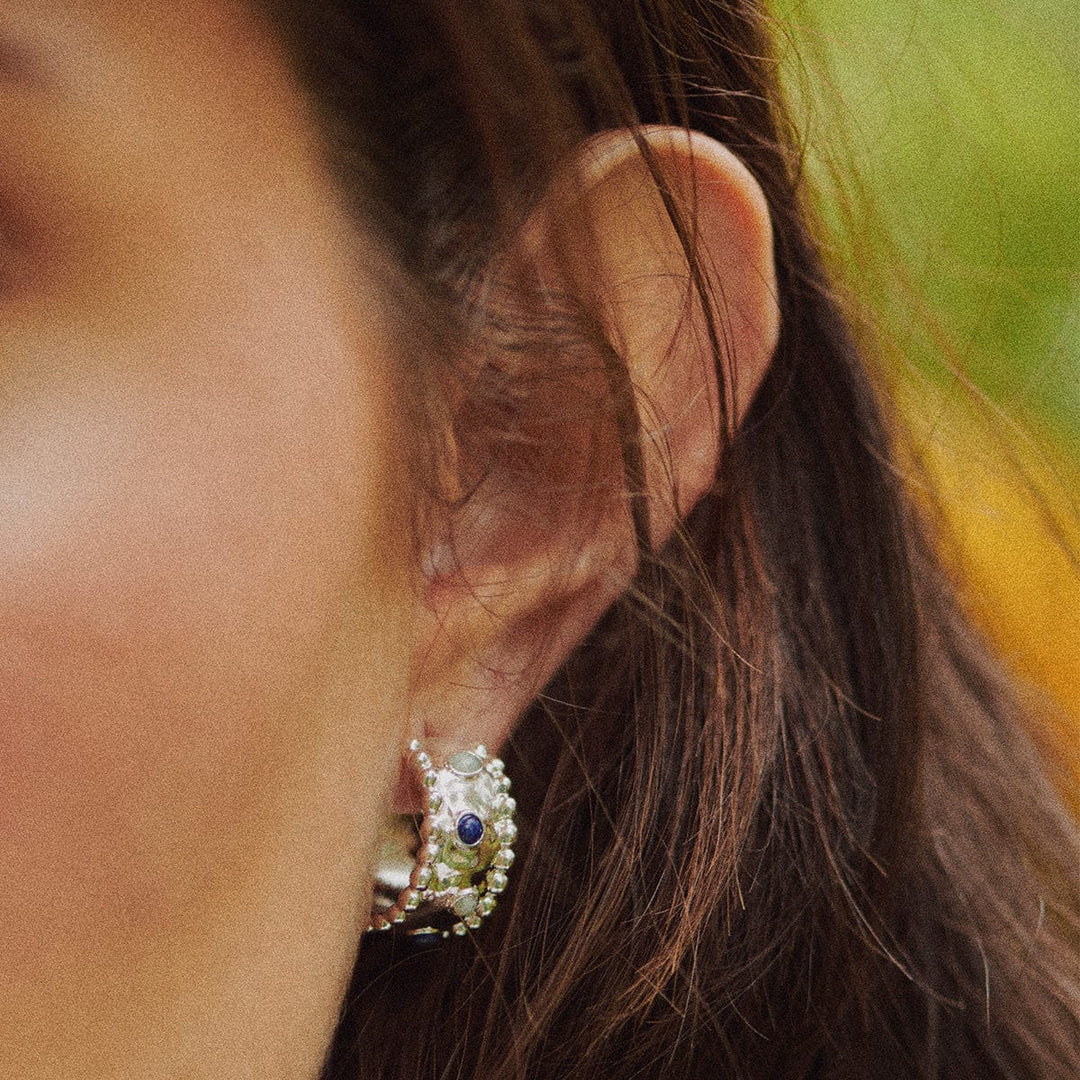 Ethical Silver-Plated Amulet Hoop Earrings with Lapis Lazuli and Amazonite Stones