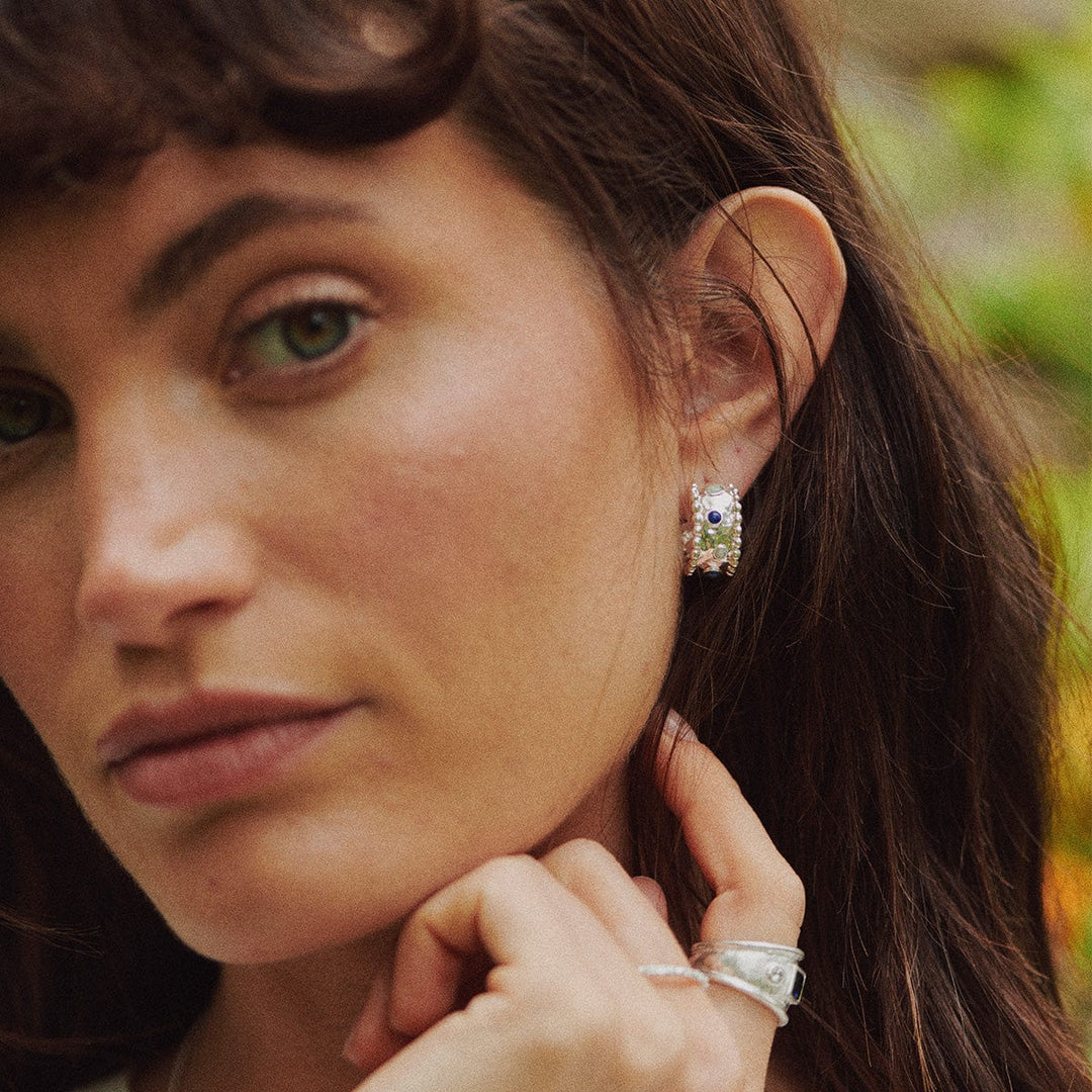 Ethical Silver-Plated Amulet Hoop Earrings with Lapis Lazuli and Amazonite Stones