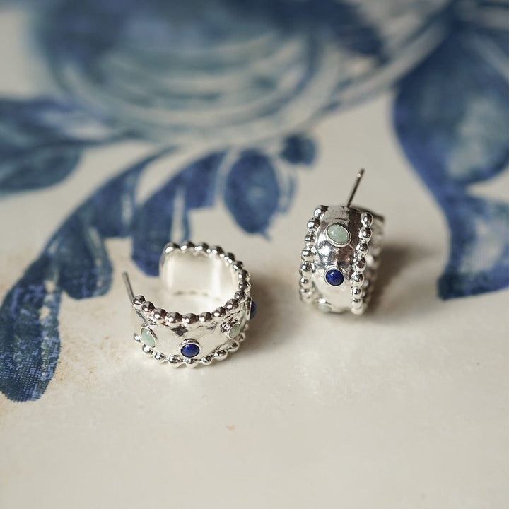 Ethical Silver-Plated Amulet Hoop Earrings with Lapis Lazuli and Amazonite Stones