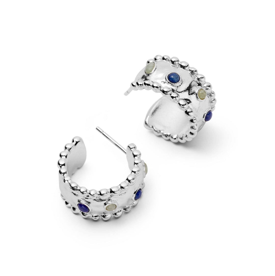 Ethical Silver-Plated Amulet Hoop Earrings with Lapis Lazuli and Amazonite Stones