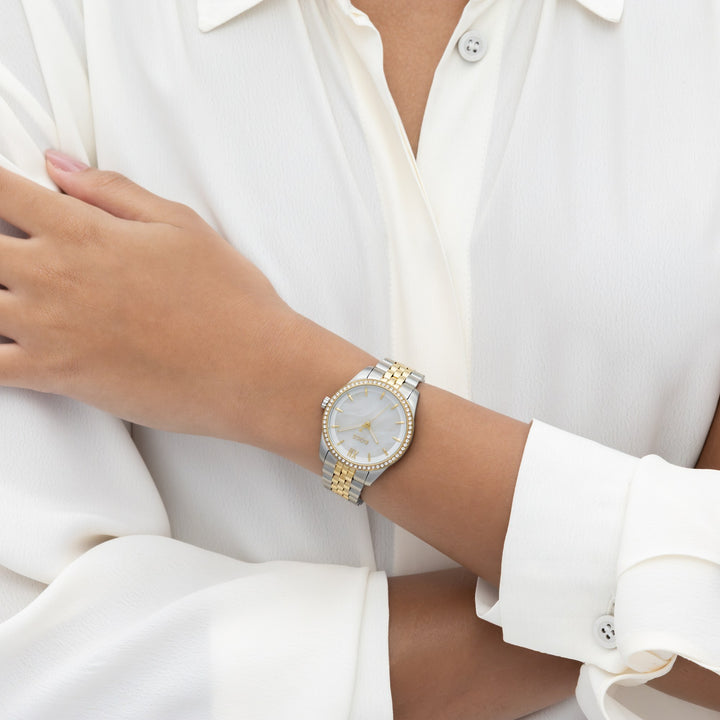 Boss Graceful Two-Tone Crystal Bracelet Watch White Mother-of-Pearl Dial - Mococo