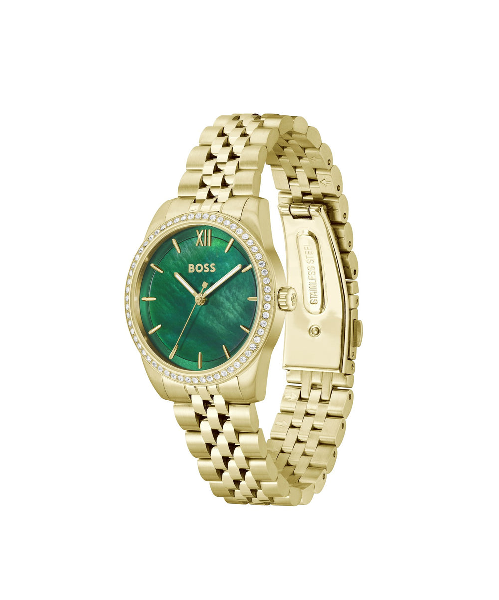 Boss Graceful Gold-Tone Crystal Bracelet Watch Green Mother-of-Pearl Dial - Mococo