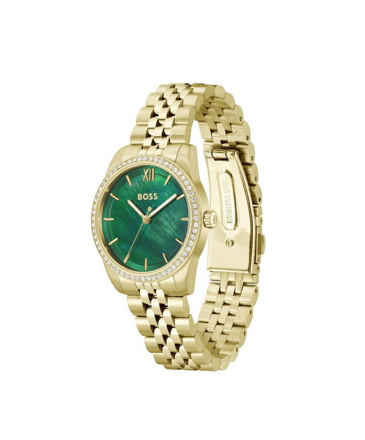 Boss Graceful Gold-Tone Crystal Bracelet Watch Green Mother-of-Pearl Dial - Mococo
