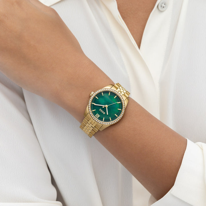 Boss Graceful Gold-Tone Crystal Bracelet Watch Green Mother-of-Pearl Dial - Mococo