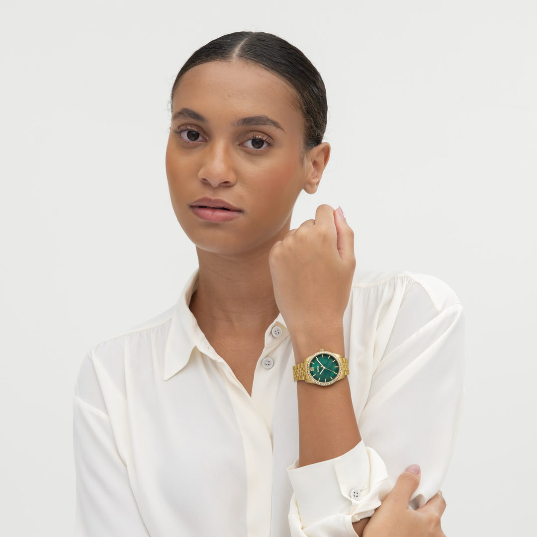 Boss Graceful Gold-Tone Crystal Bracelet Watch Green Mother-of-Pearl Dial - Mococo