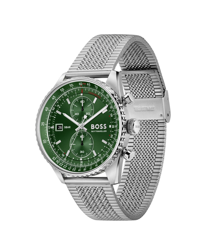 Boss Skytraveller Chronograph Mesh Watch Green Dial - Mococo