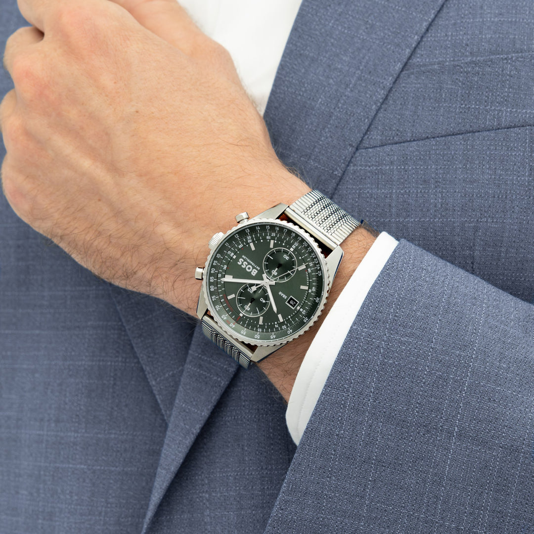 Boss Skytraveller Chronograph Mesh Watch Green Dial - Mococo
